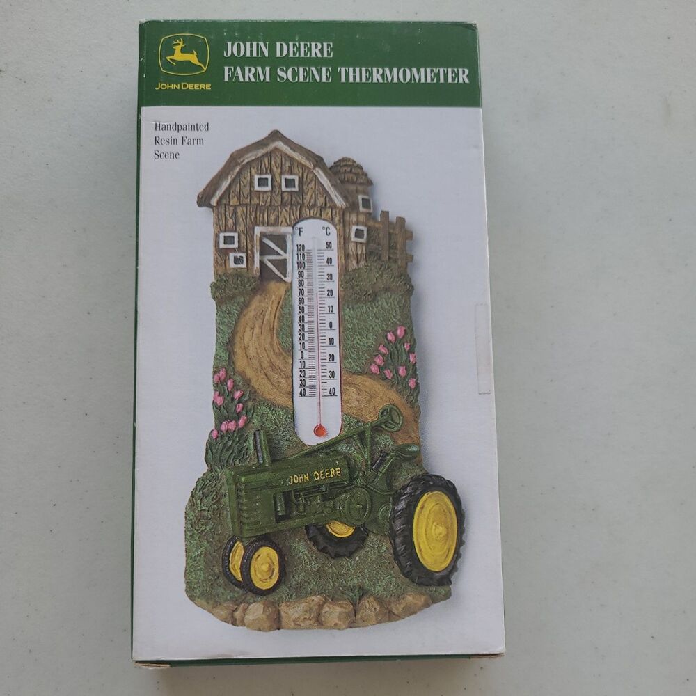 New John Deere Handpainted Thermometer Farm Scene Tractor